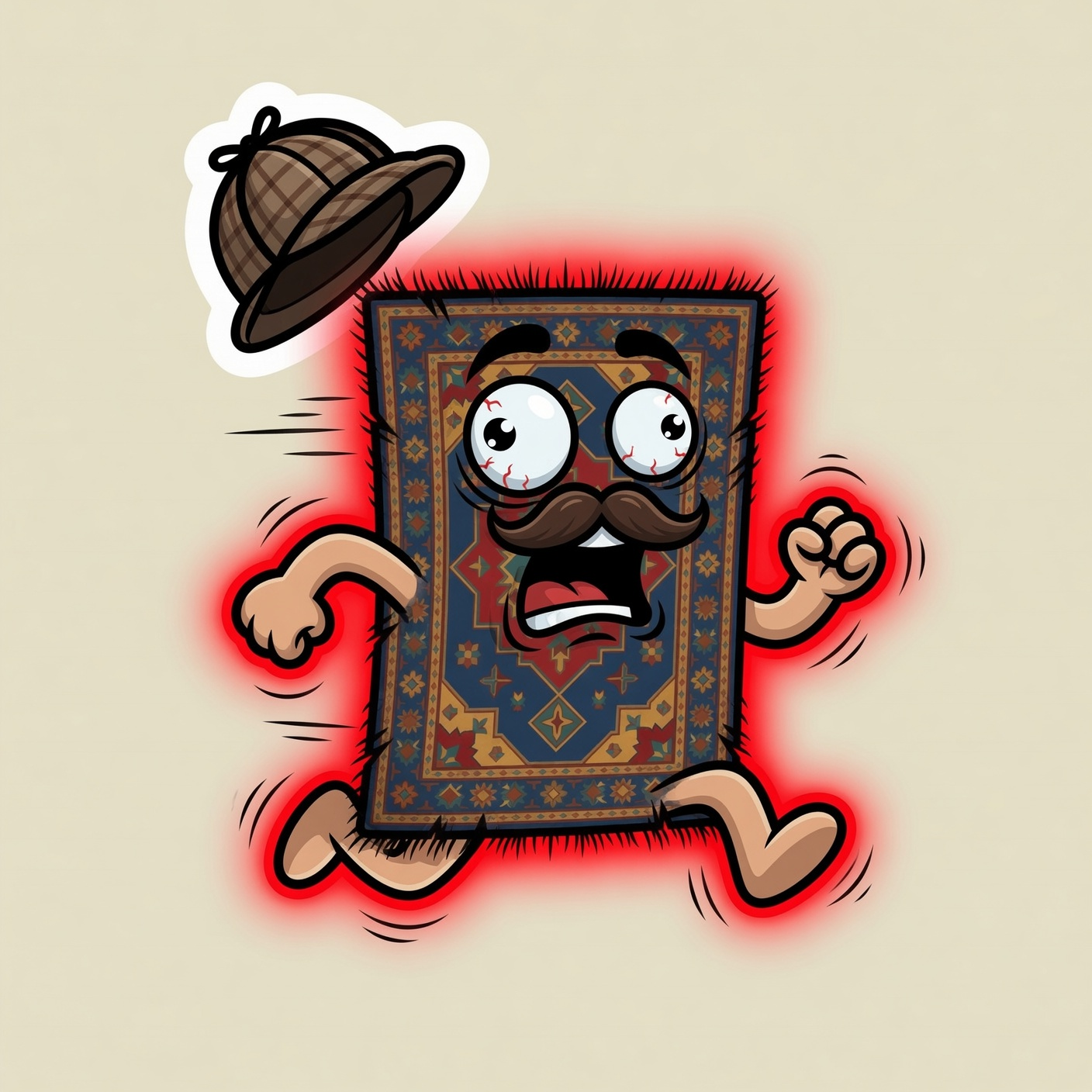 Ruggy running away in panic, hat flying off, glowing red