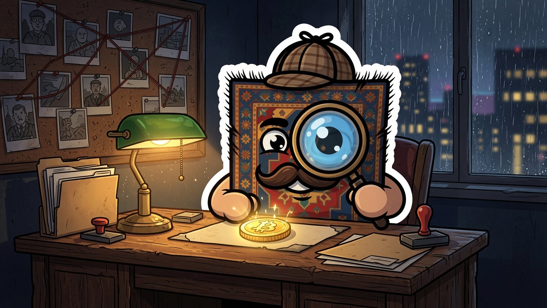 Ruggy, the rug detective, at his desk at night: examining a glowing coin under a green banker's lamp, red-string corkboard behind him, rain on the window